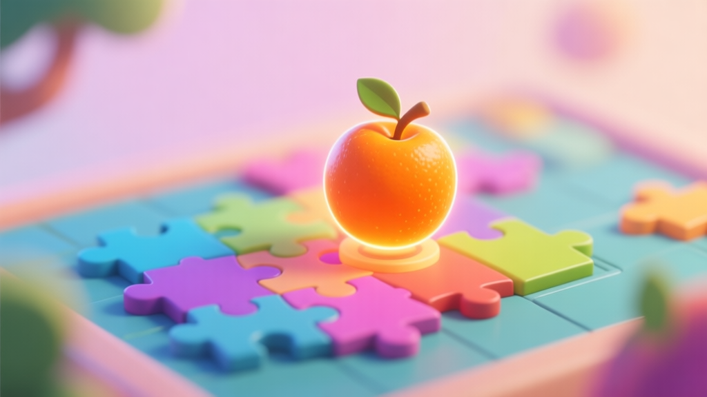 A vibrant yet soft-focus game scene showing colorful puzzle pieces with a stylized, glowing orange fruit as the central objective, set against a pastel background high quality illustration, detailed, 16:9
