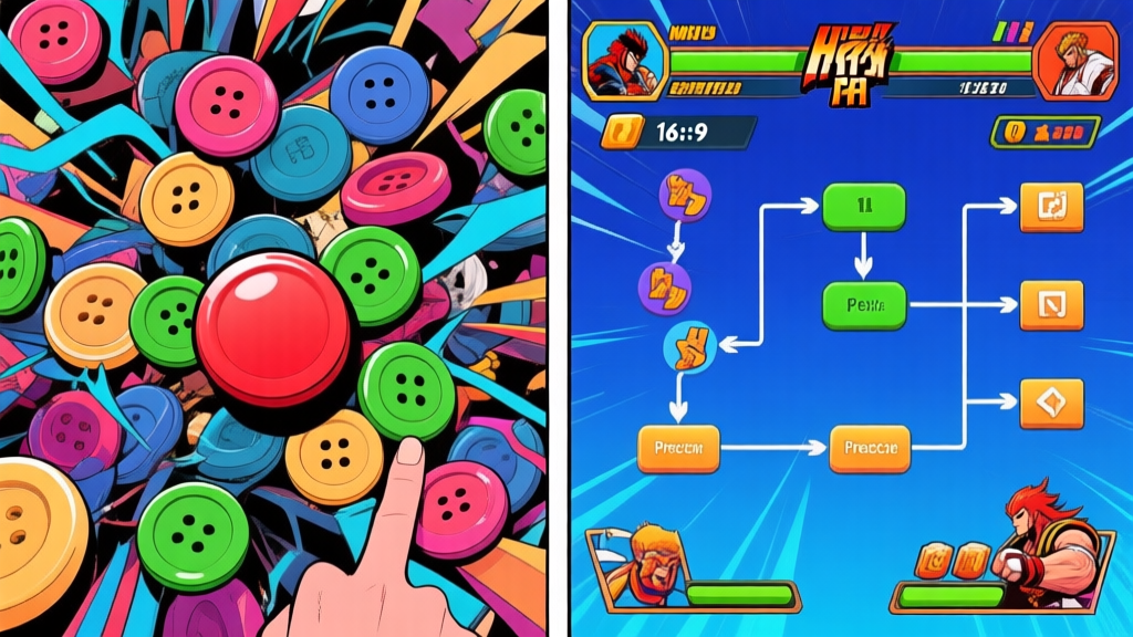 Side-by-side comparison of a chaotic, random button press overlay versus a clean, precise flowchart of fighting game moves, in a dynamic comic book style with vibrant game UI elements high quality illustration, detailed, 16:9