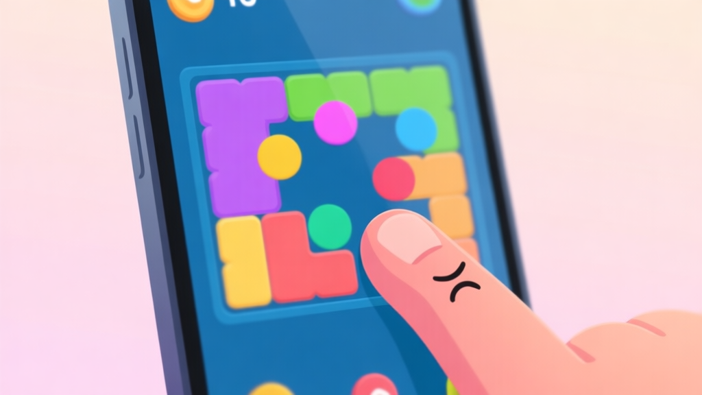 A close-up of a smartphone screen showing a colorful puzzle game with misaligned dots, a frustrated finger tapping the glass, soft pastel background high quality illustration, detailed, 16:9