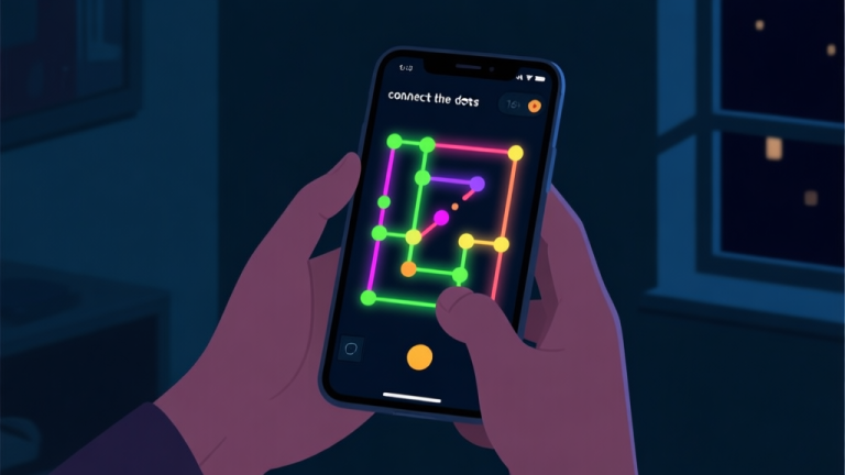 自动生成图片: A minimalist smartphone screen showing a colorful 'connect the dots' puzzle game in progress, with glowing lines against a dark interface, hands holding the phone in a dimly lit room at night, conveying a sense of focused addiction high quality illustration, detailed, 16:9