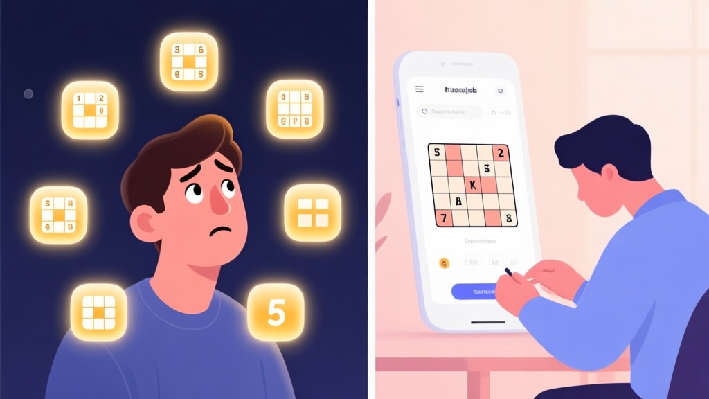 A split-screen illustration showing a confused person looking at multiple glowing sudoku app icons on one side, and a calm, focused person solving a single elegant sudoku puzzle on a sleek interface on the other side, using a soft color palette high quality illustration, detailed, 16:9