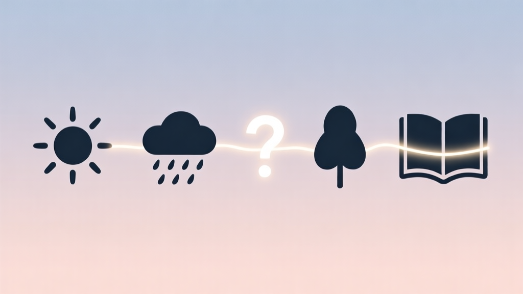 A minimalist, flat design illustration showing four simple, abstract icons (like a sun, a rain cloud, a tree, and a book) connected by a glowing thread to a single question mark in the center, on a soft pastel background high quality illustration, detailed, 16:9