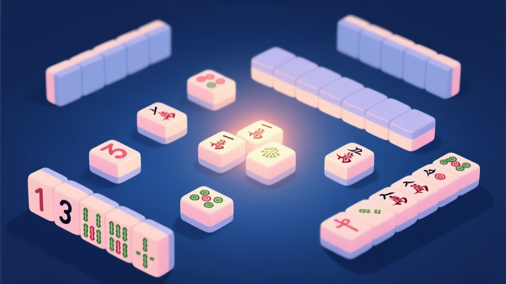 A serene, minimalist digital illustration of a Math Mahjong game in progress. Soft, pastel-colored tiles with numbers and mathematical symbols are arranged on a calming dark blue background. A warm, gentle glow highlights a possible match, evoking a sense of peace and focus. high quality illustration, detailed, 16:9