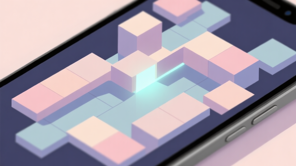 A top-down view of a minimalist geometric puzzle game level on a mobile screen, showing complex interconnected shapes in soft pastel colors, with one path glowing subtly to indicate a solution, soft shadows, clean lines high quality illustration, detailed, 16:9