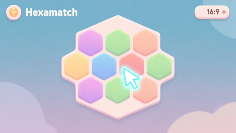 自动生成图片: A welcoming, minimalist game interface of Hexamatch showing a clean hexagonal grid with soft-colored tiles, a gentle glowing cursor hinting at the next move, and a simple score counter in the corner, soft pastel color scheme high quality illustration, detailed, 16:9