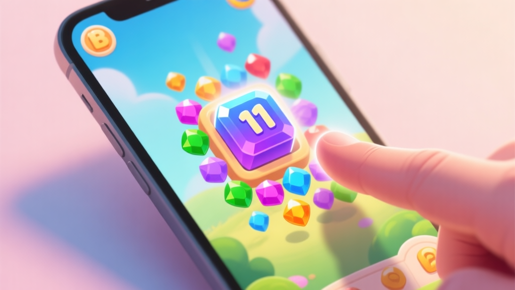 A close-up, slightly tilted view of a smartphone screen showing a vibrant match-3 puzzle game. The focus is on a single, stubborn "Gem 11" block surrounded by cascading colorful gems, with a frustrated finger tapping near it, soft glow and subtle shadows, pastel color palette high quality illustration, detailed, 16:9
