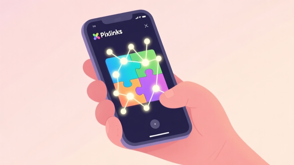 A minimalist, cozy illustration of a hand holding a smartphone showing a colorful Pixlinks puzzle interface, with soft glowing nodes and connecting lines, on a pastel background high quality illustration, detailed, 16:9