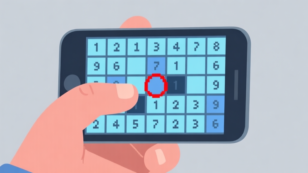 A close-up of a hand holding a smartphone, screen shows a complex math pixel puzzle grid with numbers and partially filled squares, a red circle highlights a stuck area, soft blue and grey background high quality illustration, detailed, 16:9