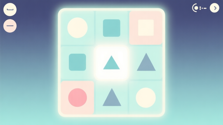 自动生成图片: A calming, minimalist game interface showing simple geometric shapes like circles, squares, and triangles on a soft pastel grid, with a gentle glow hinting at a possible merge, flat design style high quality illustration, detailed, 16:9