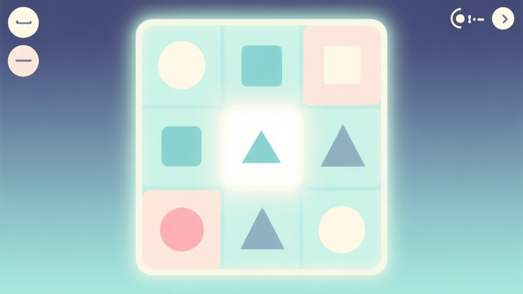 A calming, minimalist game interface showing simple geometric shapes like circles, squares, and triangles on a soft pastel grid, with a gentle glow hinting at a possible merge, flat design style high quality illustration, detailed, 16:9