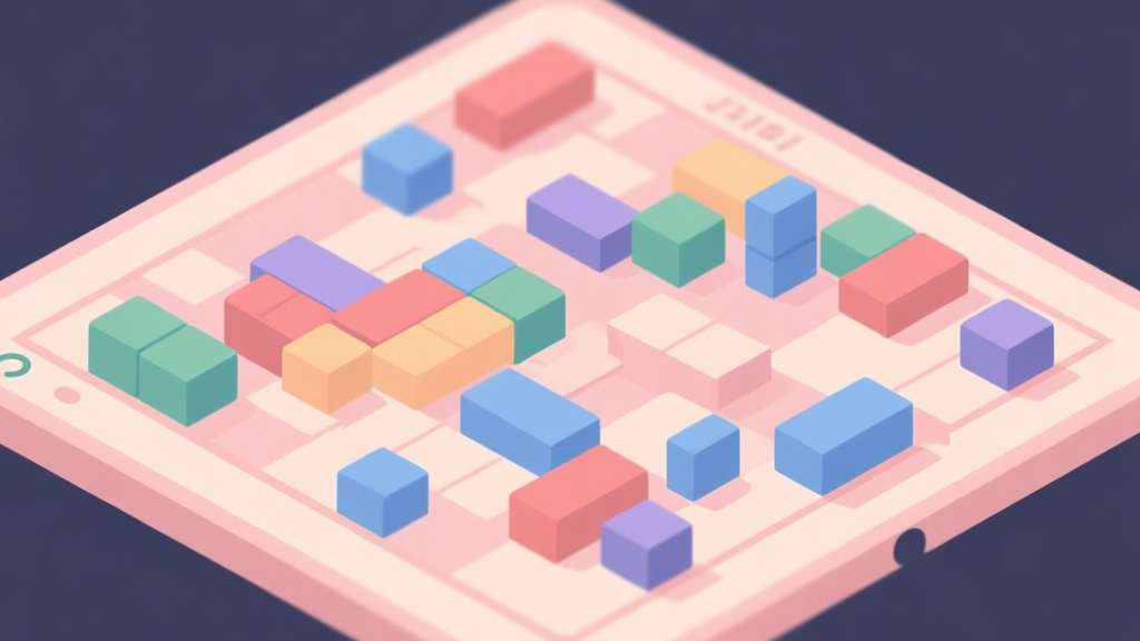 A cluttered and frustrating game board of a block merging puzzle, with mismatched blocks and no clear moves, in a soft pastel color palette, flat design style high quality illustration, detailed, 16:9
