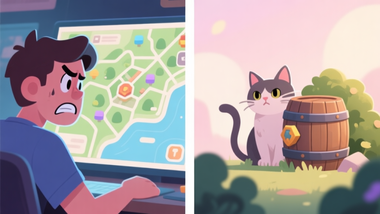 自动生成图片: A split-screen illustration showing a frustrated player on the left looking at a game map, and on the right, a serene cat peeking from behind a game asset like a barrel or a bush, in a soft pastel color palette with gentle lighting high quality illustration, detailed, 16:9
