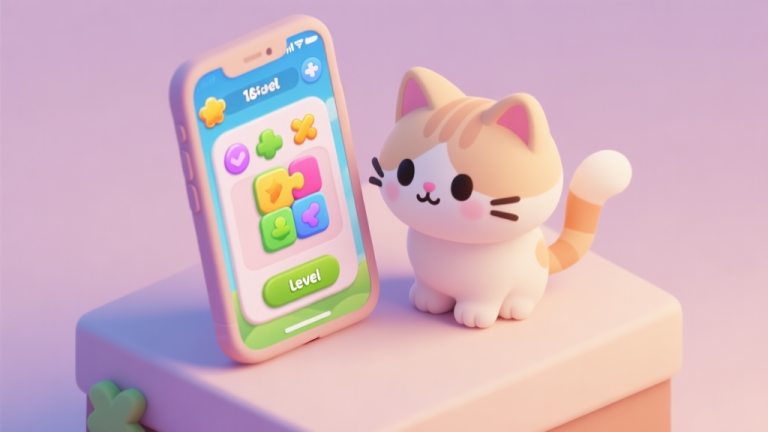 自动生成图片: A cozy, inviting game interface for a mobile puzzle game, featuring a fluffy cartoon cat character next to a level selection screen with vibrant but soft-colored icons, isometric view, soft shadows, pastel color palette high quality illustration, detailed, 16:9