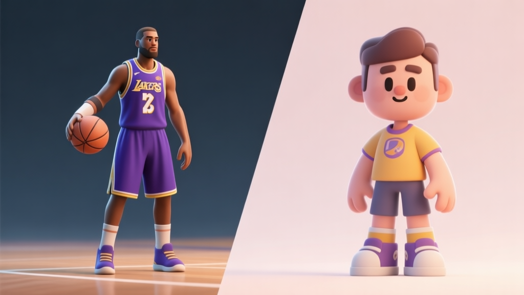 Split-screen comparison of two contrasting basketball video game styles, one hyper-realistic player model and one stylized cartoonish character, on a minimalist background with soft colors high quality illustration, detailed, 16:9