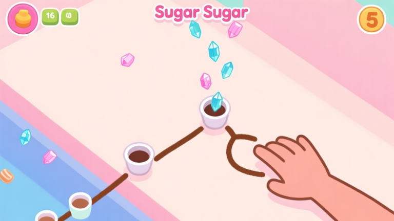 自动生成图片: A minimalist, top-down view of a Sugar Sugar HTML5 game level in progress, showing sugar crystals falling, a hand-drawn brown line guiding them into cups, on a soft pastel background high quality illustration, detailed, 16:9