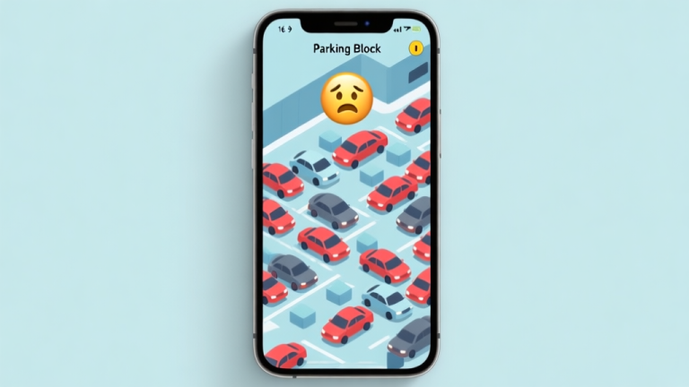 自动生成图片: A minimalist, top-down view of a smartphone screen showing a Parking Block game level in a state of chaos, with cars gridlocked and a frustrated emoji hovering above, soft pastel color palette with muted blues and reds high quality illustration, detailed, 16:9