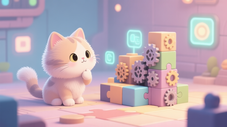 自动生成图片: A cute, fluffy cat character in a puzzle game environment, thoughtfully looking at a complex arrangement of blocks and gears, with subtle glowing interactive elements in the background, soft pastel color palette high quality illustration, detailed, 16:9