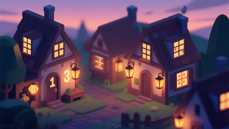 自动生成图片: A cozy, detailed isometric view of a puzzle village at dusk, with Sudoku grids integrated into cottage windows and lanterns, soft glowing numbers, a warm and slightly mysterious atmosphere, flat illustration style high quality illustration, detailed, 16:9