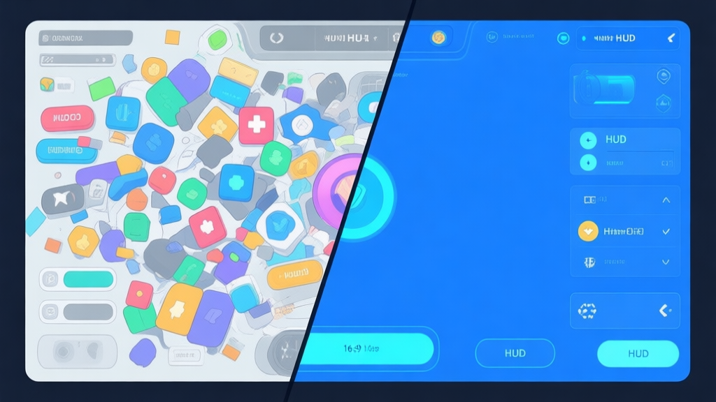 A split-screen comparison showing a chaotic, multi-colored game HUD versus a clean, blue-dominant HUD, highlighting clarity and focus, using a soft color palette with blues and grays high quality illustration, detailed, 16:9