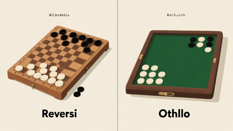 自动生成图片: A split-screen illustration showing two classic wooden game boards with black and white pieces. Left side labeled "Reversi" with a vintage, handcrafted feel. Right side labeled "Othello" with a sleek, modern green felt board. Soft, neutral lighting. high quality illustration, detailed, 16:9