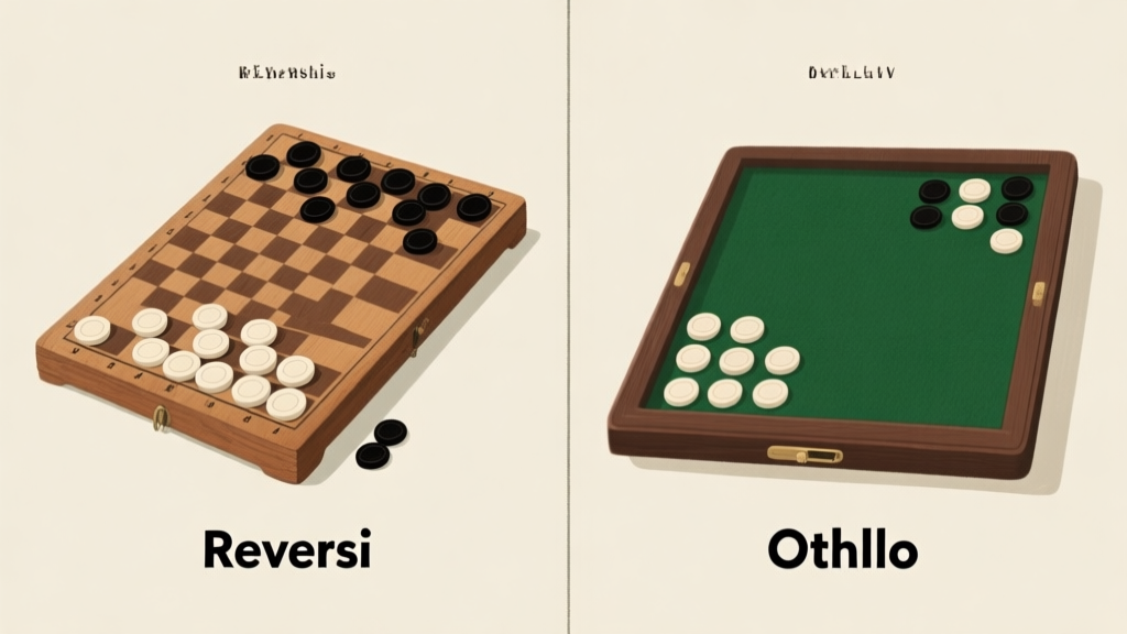 A split-screen illustration showing two classic wooden game boards with black and white pieces. Left side labeled "Reversi" with a vintage, handcrafted feel. Right side labeled "Othello" with a sleek, modern green felt board. Soft, neutral lighting. high quality illustration, detailed, 16:9