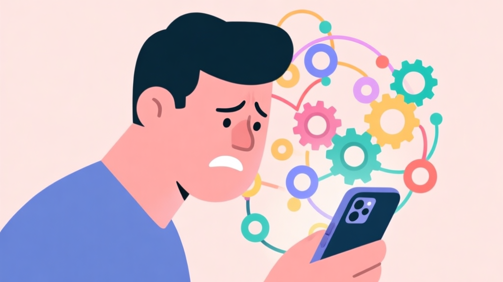 A frustrated player looking at a smartphone screen filled with colorful, interconnected rotating circles and gears, soft pastel color palette, minimalist illustration style high quality illustration, detailed, 16:9