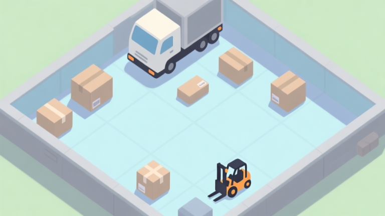 自动生成图片: A top-down view of a simple, clean game level showing a truck, scattered cargo boxes of different shapes, and a forklift icon, using a soft pastel color palette with light blues and greys high quality illustration, detailed, 16:9