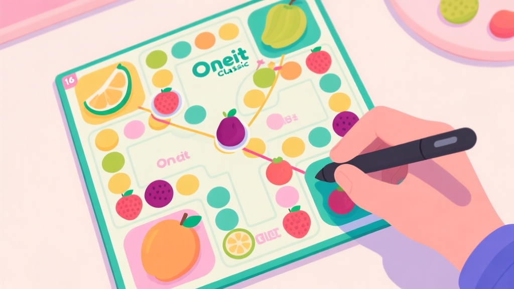 A top-down view of a vibrant Onet Fruit Classic game board in mid-play, with matching lines highlighted and a player's hand holding a stylus, soft pastel fruit colors, clean and inviting aesthetic high quality illustration, detailed, 16:9
