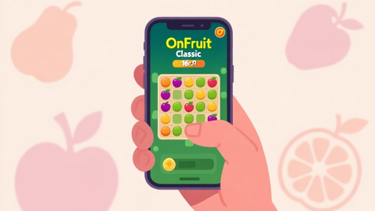 自动生成图片: A frustrated hand holding a smartphone showing the Onet Fruit Classic game board with a mediocre score, soft pastel background with faint fruit silhouettes high quality illustration, detailed, 16:9