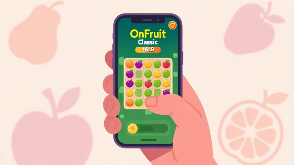 A frustrated hand holding a smartphone showing the Onet Fruit Classic game board with a mediocre score, soft pastel background with faint fruit silhouettes high quality illustration, detailed, 16:9