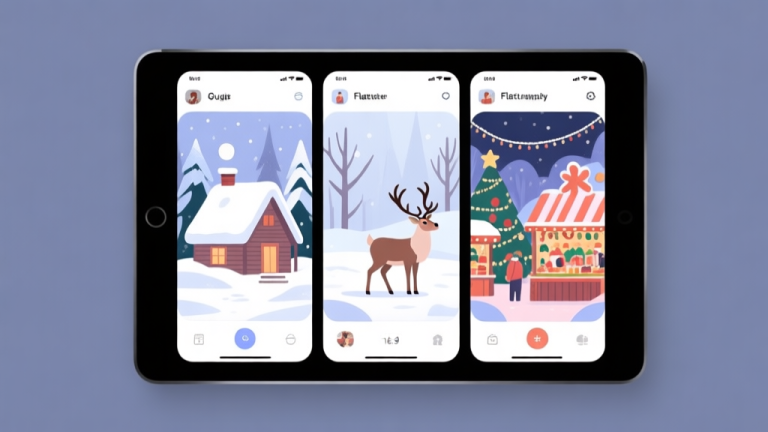 自动生成图片: A split-screen comparison of three different jigsaw puzzle apps on a tablet screen, each showing a distinct winter scene (snowy cabin, reindeer, Christmas market), with subtle visual cues highlighting piece cut quality, flat design style, soft winter color palette high quality illustration, detailed, 16:9