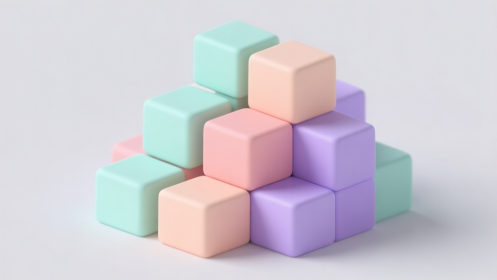 A clean, minimalist 3D render of colorful cubes in soft pastel shades like mint, lavender, and peach, arranged in a satisfying cascading pile against a light grey background, isometric view high quality illustration, detailed, 16:9