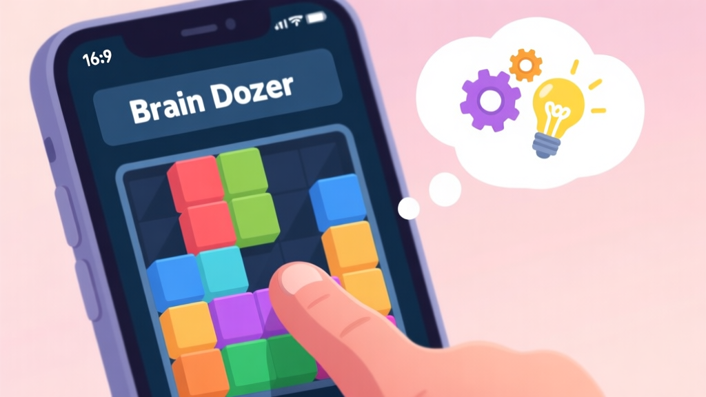 A close-up of a smartphone screen showing a complex Brain Dozer puzzle level with multiple colored blocks, a frustrated finger tapping the screen, and a thought bubble with strategic icons like gears and lightbulbs, in a soft pastel color palette high quality illustration, detailed, 16:9