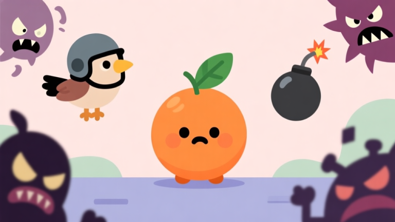 自动生成图片: A playful, minimalist game scene showing a cute orange with a leaf on top looking worried, surrounded by stylized, slightly menacing but cartoonish threats like a bird with a helmet and a bomb with a fuse, all on a soft pastel background high quality illustration, detailed, 16:9