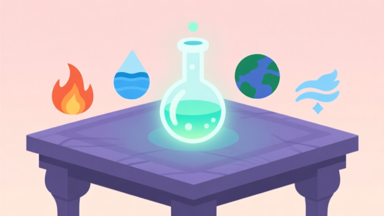 自动生成图片: A minimalist, flat design illustration of a magical alchemy table with a glowing flask in the center, surrounded by four basic element icons (fire, water, earth, air) on a soft pastel background high quality illustration, detailed, 16:9
