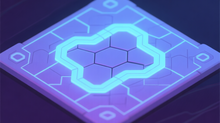 自动生成图片: A top-down view of a complex, glowing hexagonal puzzle board with lines forming an infinite loop, soft blue and purple color scheme, minimalist game design style high quality illustration, detailed, 16:9