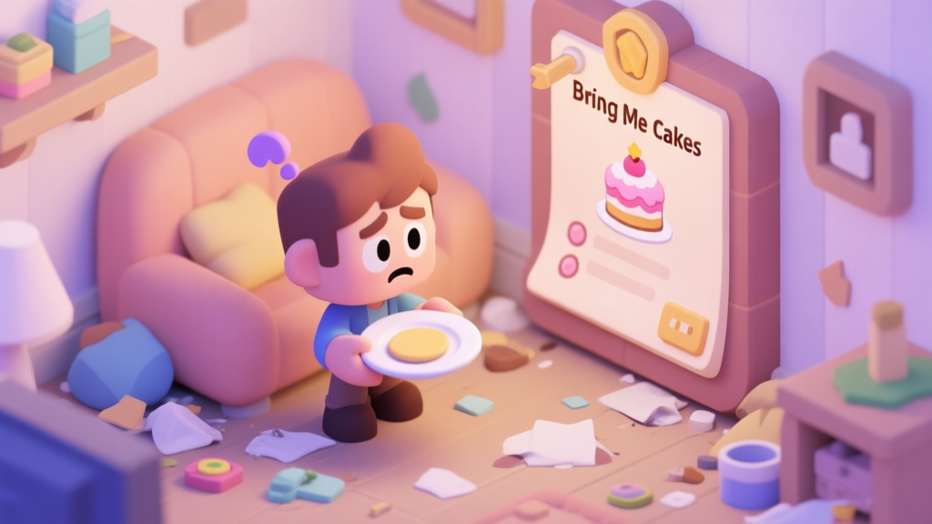 A cozy, slightly messy game scene with a puzzled character holding a plate, looking at a quest log titled "Bring Me Cakes", soft pastel colors, isometric view high quality illustration, detailed, 16:9