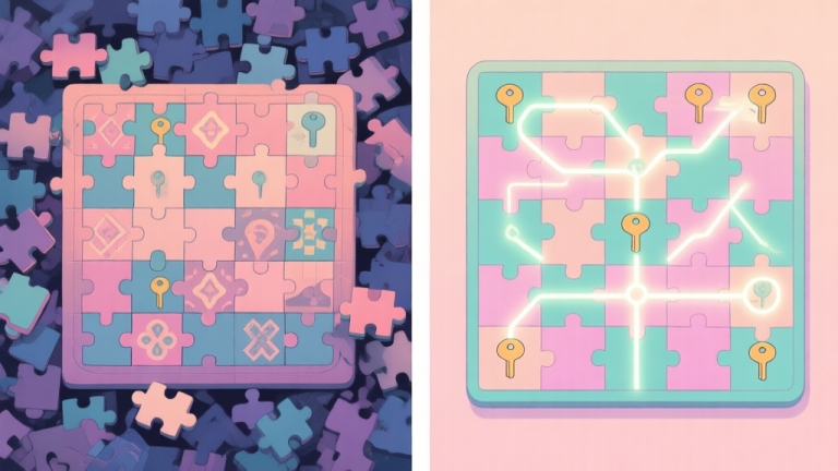 自动生成图片: A split-screen illustration showing a chaotic puzzle game board on the left, and the same board on the right with key patterns and connections highlighted in soft glowing lines, using a pastel color palette high quality illustration, detailed, 16:9