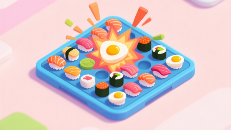 自动生成图片: A vibrant, top-down view of a sushi matching game board in mid-action, with colorful sushi pieces like salmon, tuna, and egg being matched and about to explode, soft pastel background, clean mobile game aesthetic high quality illustration, detailed, 16:9