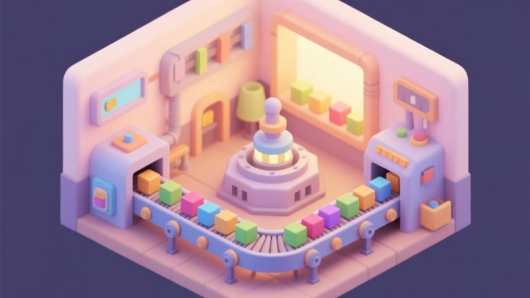 自动生成图片: A cozy, isometric view of a beginner's Craftomation factory, showing simple conveyor belts moving colorful cubes towards a central processor, soft pastel colors, warm lighting, clean game UI style high quality illustration, detailed, 16:9