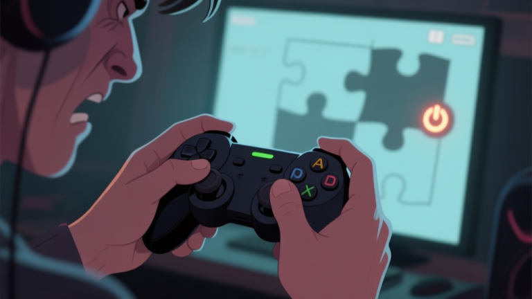 自动生成图片: A close-up of a frustrated gamer's hands on a controller, with a dimly lit puzzle screen featuring a non-responsive power light or switch in the background, soft ambient lighting, muted color palette high quality illustration, detailed, 16:9