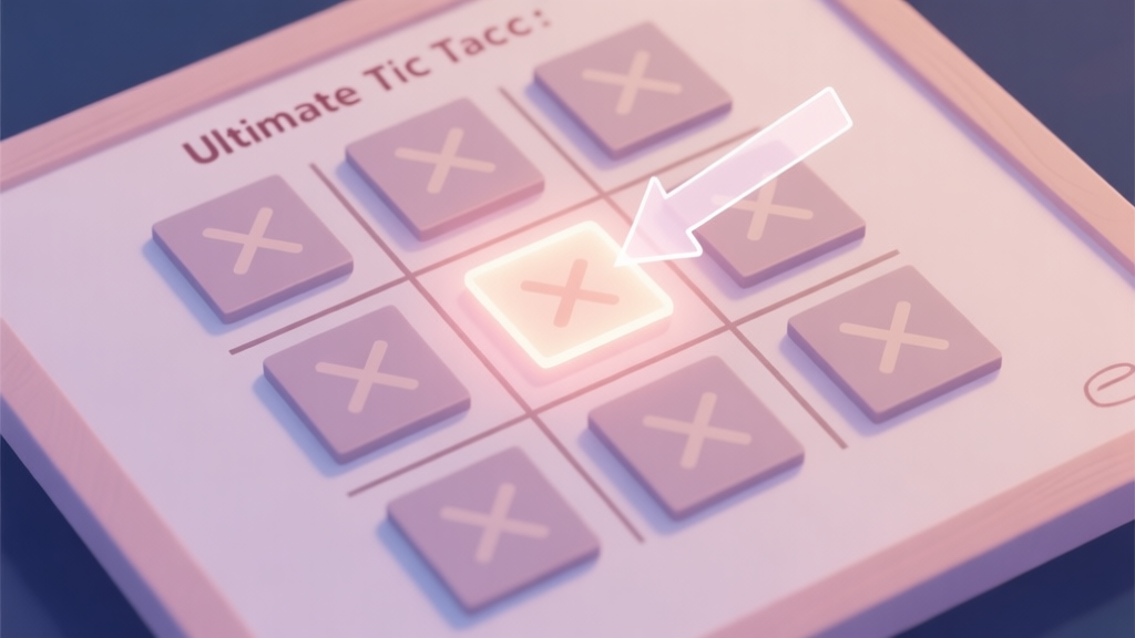 A top-down view of an Ultimate Tic Tac Toe board, showing the 9 smaller tic-tac-toe grids arranged in a 3x3 larger grid. One small grid is highlighted with a soft glow, and a translucent arrow points from it to the corresponding grid on the large board, illustrating the "forced move" rule. Soft pastel color scheme. high quality illustration, detailed, 16:9