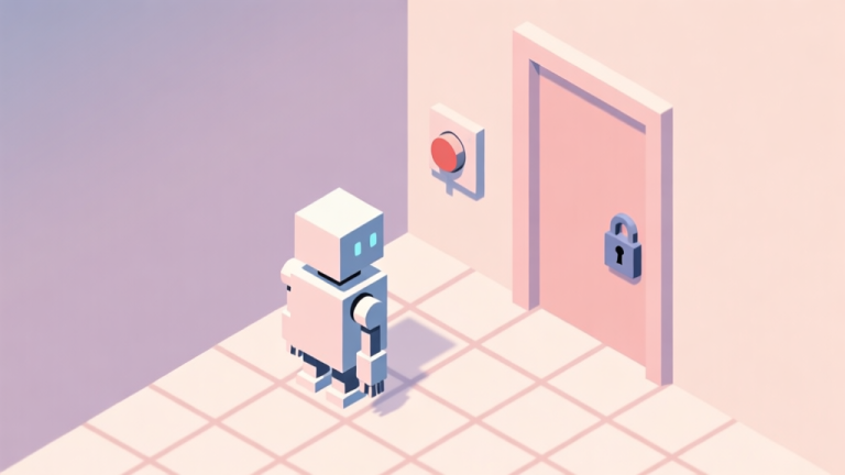 自动生成图片: A minimalist, isometric game scene showing a simple robot with a box-like body on a grid, facing a switch and a locked door, soft pastel colors, clean lines, puzzle game aesthetic high quality illustration, detailed, 16:9