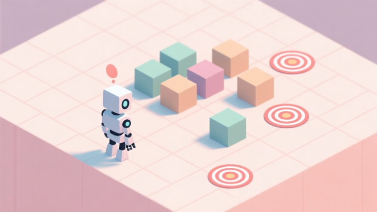 自动生成图片: A minimalist isometric game scene showing a simple robot character facing a puzzle of boxes and targets on a grid, soft pastel colors, clean lines, conveying a sense of a thinking challenge high quality illustration, detailed, 16:9