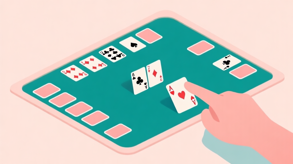 A minimalist, top-down view of a Tri Peaks Solitaire layout in soft pastel colors, with a hand subtly pointing at a strategic card choice, creating a sense of calm analysis high quality illustration, detailed, 16:9