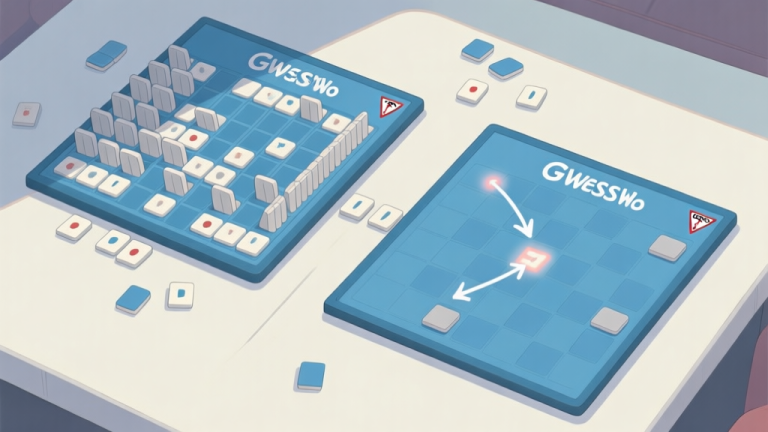自动生成图片: A top-down view of two Guess Who game boards in mid-play, one with many tiles flipped down, the other with only a few. Arrows and subtle highlights point to strategic tiles, in a soft, analytical color scheme of blues and greys. high quality illustration, detailed, 16:9