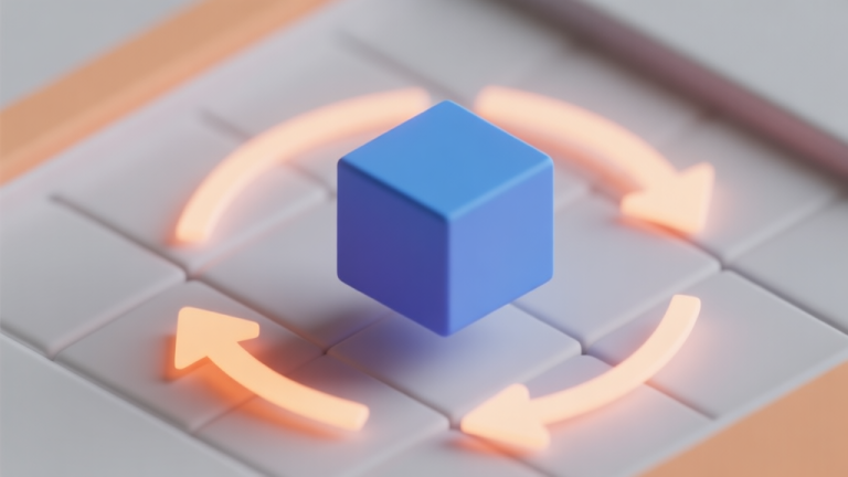 自动生成图片: A minimalist, isometric 3D puzzle scene with a single blue block floating in center, surrounded by faint, glowing rotation arrows in a soft orange and grey color scheme, evoking a sense of calm problem-solving high quality illustration, detailed, 16:9