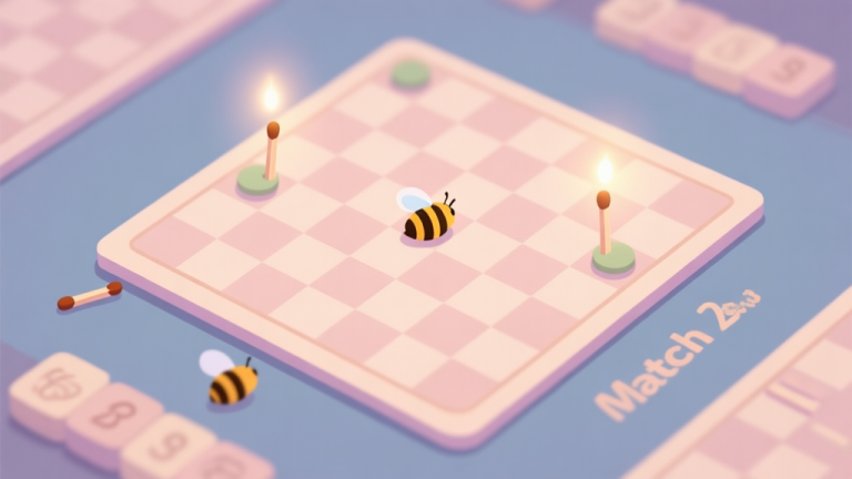 自动生成图片: A serene, top-down view of a Match Bee game board in soft pastel colors, with a few strategic matches highlighted by a gentle glow, creating a sense of calm and calculated play high quality illustration, detailed, 16:9