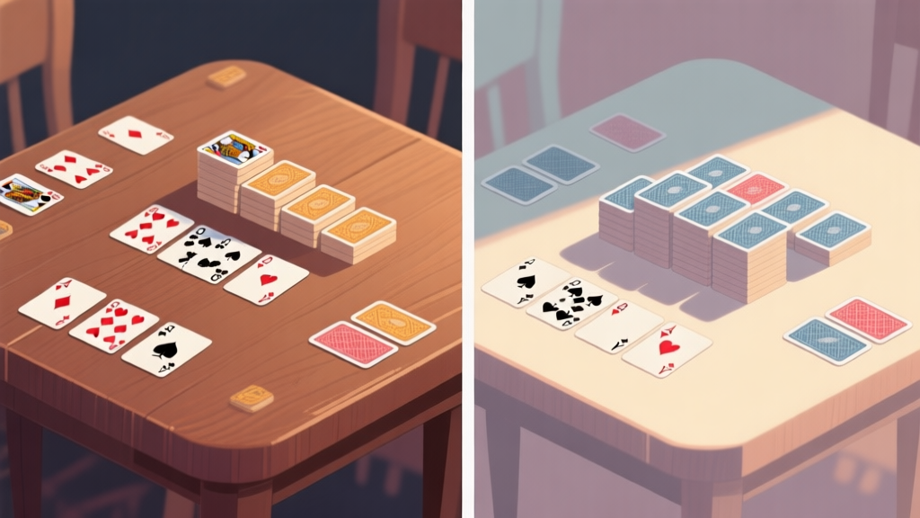 A side-by-side comparison of two card game layouts on a wooden table. Left side shows classic Solitaire with foundations being built up. Right side shows Solitaire Reverse with foundations being built down, using a soft, muted color palette with gentle shadows high quality illustration, detailed, 16:9