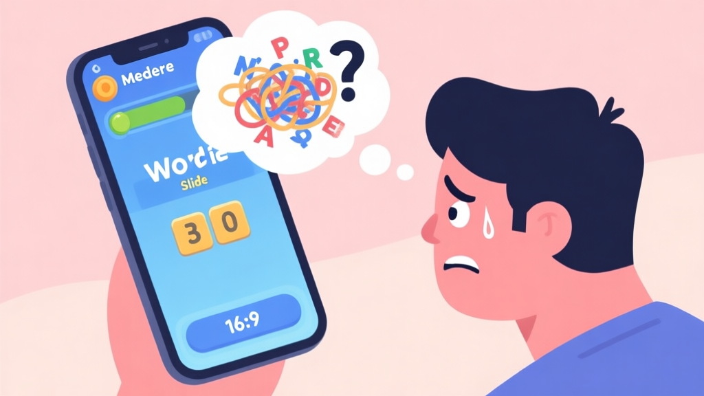 A frustrated player looking at a Word Slide game screen on a mobile device, showing a mediocre score, with a thought bubble containing tangled letters and a question mark, in a soft pastel color palette high quality illustration, detailed, 16:9